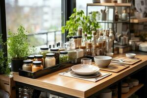 condimento utensílio dentro a mesa cozinha publicidade fotografia ai gerado foto