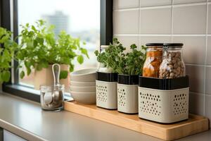 condimento utensílio dentro a mesa cozinha publicidade fotografia ai gerado foto