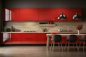 moderno madeira e vermelho cozinha profissional publicidade fotografia ai gerado foto