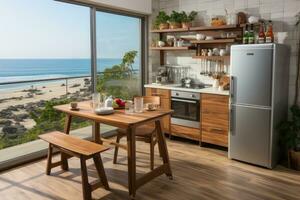 dentro cozinha dentro a minimalista de praia Pousada profissional publicidade fotografia ai gerado foto