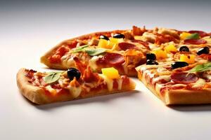 fatia pizza com cobertura Visão luz fundo profissional publicidade Comida fotografia ai gerado foto