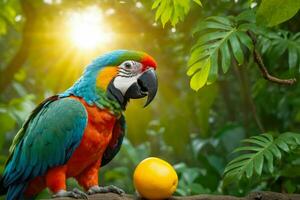 espetacular pôr do sol, papagaio fruta festa dentro colorida floresta tropical, ai gerado foto