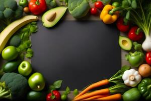 fresco legumes e frutas com Preto borda em de madeira mesa, topo visualizar, mundo vegano dia, ai gerado foto