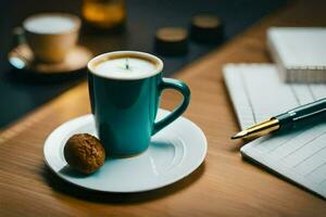 café e uma bolacha em uma de madeira mesa. gerado por IA foto