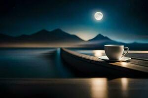 uma copo do café em uma de madeira cais às noite com a lua dentro a fundo. gerado por IA foto