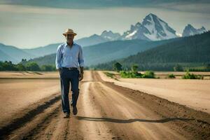 uma homem dentro uma chapéu e camisa caminhando em uma sujeira estrada. gerado por IA foto