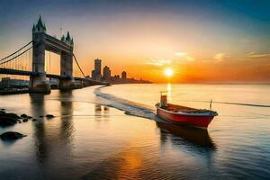 uma barco é Navegando debaixo uma ponte às pôr do sol. gerado por IA foto