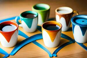 colorida café copos em uma de madeira mesa. gerado por IA foto