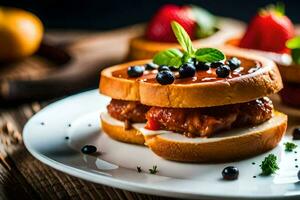 uma prato coberto com uma sanduíche com carne e bagas. gerado por IA foto