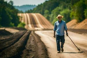 uma homem caminhando baixa uma sujeira estrada com uma grudar. gerado por IA foto