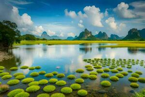 a panorama do uma rio com Relva e água plantas. gerado por IA foto