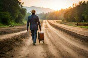 uma homem dentro uma terno e chapéu caminhando baixa uma sujeira estrada com uma mala. gerado por IA foto