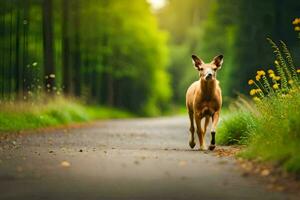 veado em uma estrada dentro a floresta. gerado por IA foto