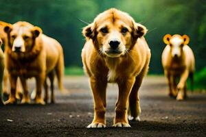 uma grupo do cachorros caminhando em uma estrada. gerado por IA foto