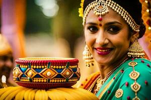 uma mulher dentro tradicional indiano vestuário sorrisos para a Câmera. gerado por IA foto