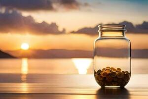 uma vidro jarra com moedas em a mesa. gerado por IA foto