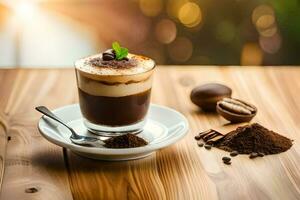 espresso café com chocolate e hortelã em de madeira mesa. gerado por IA foto