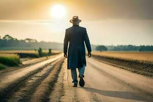 uma homem dentro uma chapéu e casaco caminhando baixa uma sujeira estrada. gerado por IA foto