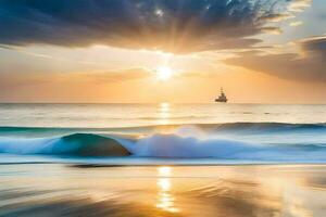 uma barco dentro a oceano às pôr do sol. gerado por IA foto