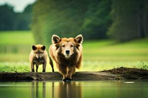 dois cachorros caminhando dentro a água perto uma lago. gerado por IA foto