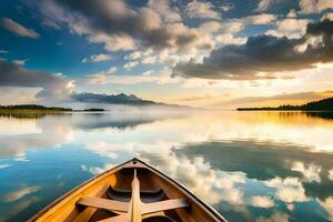 uma barco em a calma água às pôr do sol. gerado por IA foto