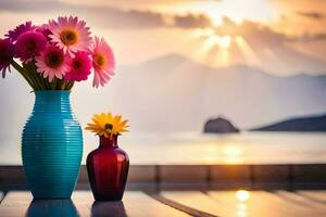 dois vasos com flores em uma mesa dentro frente do uma pôr do sol. gerado por IA foto