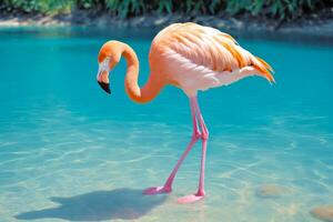 flamingo elegância dentro raso lagoa visualizar, ai gerado foto