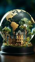 uma miniatura casa coroado com uma globo, significando global propriedade aspirações vertical Móvel papel de parede ai gerado foto