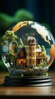 uma miniatura casa coroado com uma globo, significando global propriedade aspirações vertical Móvel papel de parede ai gerado foto