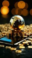 uma Smartphone com uma pilha do ouro moedas e uma globo, representando global o negócio vertical Móvel papel de parede ai gerado foto