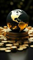 Preto e ouro mundo globo rodeado de brilhando empilhado ouro moedas vertical Móvel papel de parede ai gerado foto