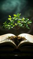 livro Páginas nutrir uma próspero verde plantar, uma símbolo do conhecimento crescimento vertical Móvel papel de parede ai gerado foto