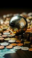 fechar acima mundo mini bola, moedas, e de madeira mesa simbolizar global finança vertical Móvel papel de parede ai gerado foto