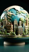 terra globo com papel estilo Projeto apresentando intrincado miniatura edifícios vertical Móvel papel de parede ai gerado foto