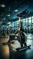 exercício bicicletas, uma Pilar do fitness, aguardam Comercial dentro a movimentado ginástica Centro vertical Móvel papel de parede ai gerado foto