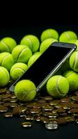 esportivo Essenciais tênis bolas e uma raquete, com uma Móvel telefone perto vertical Móvel papel de parede ai gerado foto
