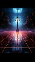 imersivo virtual esporte 3d render do uma néon aceso basquetebol Campos lado Visão vertical Móvel papel de parede ai gerado foto