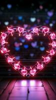 radiante amor símbolo uma coração quadro, Armação iluminado de uma cativante néon placa vertical Móvel papel de parede ai gerado foto