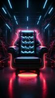 Sombrio quarto mística uma solitário cadeira iluminado de néon luzes vertical Móvel papel de parede ai gerado foto