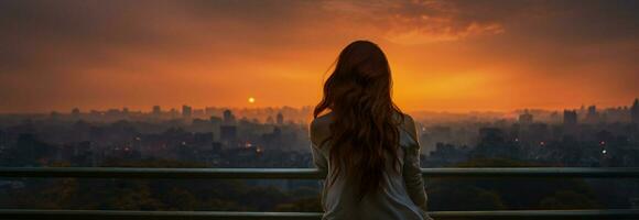 urbano solidão uma mulher encontra Paz assistindo a pôr do sol sobre arranha-céus ai gerado foto