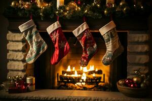 festivo meias graciosamente aguentar de a lareira, pronto para Natal surpresas ai gerado foto