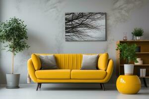 amarelo sofá e branco parede dentro moderno vivo quarto publicidade fotografia foto