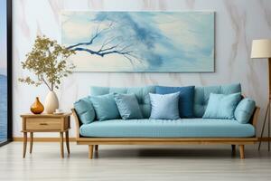 azul sofá e branco parede dentro moderno vivo quarto profissional publicidade fotografia ai gerado foto
