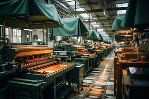 foto do dentro têxtil fábrica linha Produção Visão ai gerado