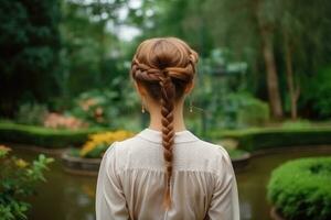 mulheres francês trança Penteado Veja a partir de costas profissional publicidade fotografia ai gerado foto