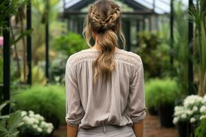 mulheres francês trança Penteado Veja a partir de costas profissional publicidade fotografia ai gerado foto