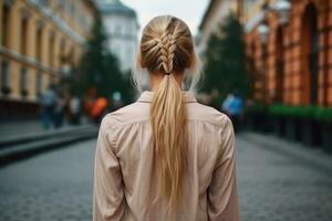 mulheres trança Penteado Veja a partir de costas profissional publicidade fotografia ai gerado foto