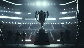 esports vencedora troféu em pé em uma etapa dentro a meio do a computador vídeo jogos campeonato arena. à moda néon luzes com legal área Projeto. generativo ai foto