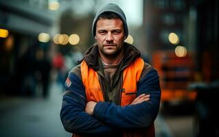 construção trabalhador homem com chapéu e Cruz braços. generativo ai foto