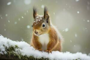 vermelho esquilo dentro a queda neve. fofa esquilo sentado dentro a neve coberto com flocos de neve. inverno fundo. generativo ai foto